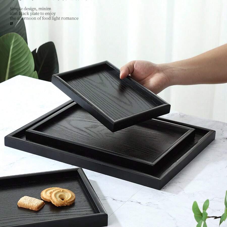 Black Wooden Rectangular Tray, For Tea Cups, Hotel, Salon, Wooden Plate, Square Coffee Tray - Black - View 1