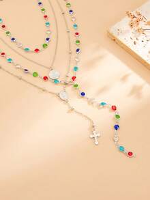 4pcs/Set Bohemian Style Rhinestone Inlaid Cross, Coin, Badge Pendant Y-Necklace, Luxury Elegant Daily Casual, Party, Couple Date, Women's Festival Birthday Versatile Jewelry Gift - Necklace - View 9