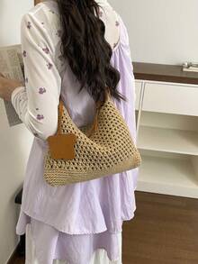 1个（11.0英寸*9.5英寸*0.8英寸）时尚女士单肩包、斜挎包、单肩包，新月形编织草编沙滩包，适合购物、约会、聚会、通勤，可作为礼物送给家人、朋友、女朋友，优雅简约休闲卡其色女士单肩包 - 卡其色 - 查看 4