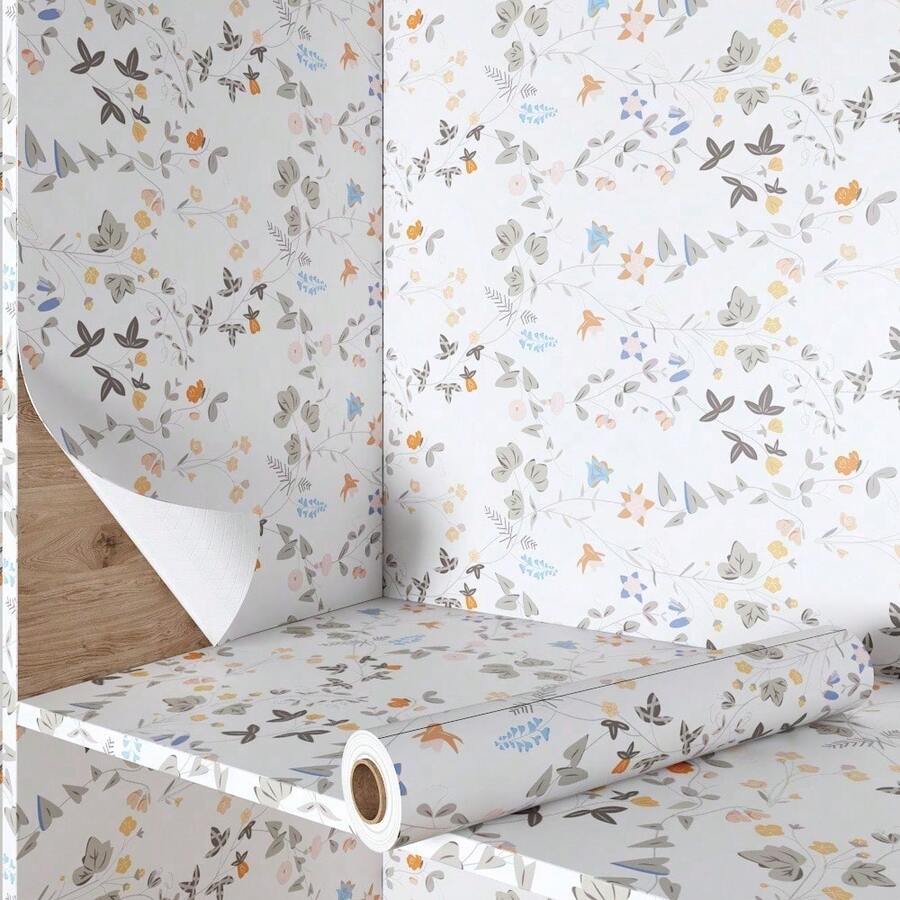 1 Roll Blue Floral Plant Pattern Self-Adhesive Wallpaper, Removable And Waterproof Wallpaper For Renovation, Beautiful Wall Sticker For Home Room Decor, Wall Art, Furniture DIY Sticker