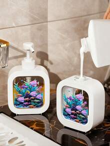 Creative Bathroom Dispenser Bottle With Manual Pump - Featuring Marine Life Art, With Manual Pump - Underwater World: Coral, Octopus And Starfish Adventure, Fresh Watercolor Style, Suitable For Bathroom, Kitchen And Sink Design Or Decor - Suitable For Dispensing Hand Soap, Hand Wash, Body Wash - Creative Lotion Bottle, Lotion Dispenser, Bathroom Accessories - Multicolor - View 4