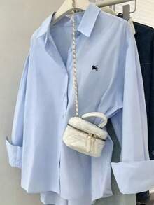 Áo sơ mi nữ in họa tiết hiệp sĩ, thích hợp cho công sở và mặc hàng ngày, mùa xuân. - Màu xanh lam - Xem 3