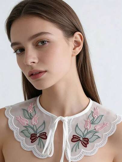  1 Pc Embroidered Fake Collar, Versatile And Fashionable Decorative Yarn Collar For Women's Clothing, Paired With Skirts, Shirts, Sweaters, And Accessories
