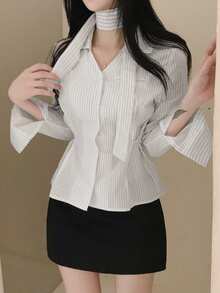 Korean Chic Niche V-Neck Ribbon Waist Versatile Striped Shirt Tops White - White - View 5