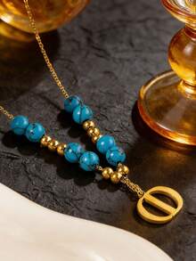 Vintage Niche CD Letter Turquoise Necklace, Natural Stone Beaded Choker, Bohemian Vacation Vibe, Versatile For Commute And Date, Thoughtful Gift For Girlfriend Or Best Friend - Necklace - View 2