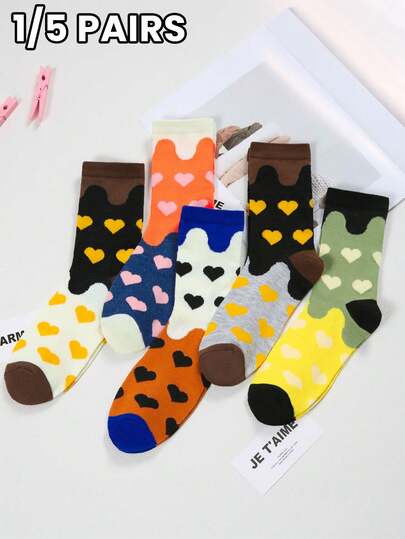 1/5 双装心形撞色中筒袜，甜美少女风撞色长袜，透气情侣百搭堆堆袜