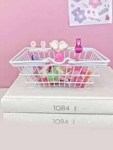 1pc Cute Desk Storage Basket, Girly Style Desktop Organizer Basket, Student Dorm Decor Basket With Handle - Multicolor - View 3