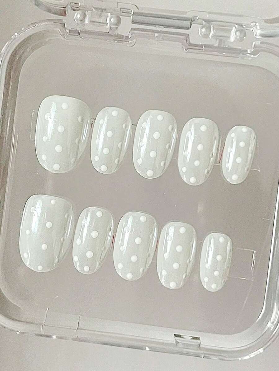 10张极简日常INS法式甜美可爱手绘白色波点短椭圆美甲贴纸 - 白色 - 查看 1