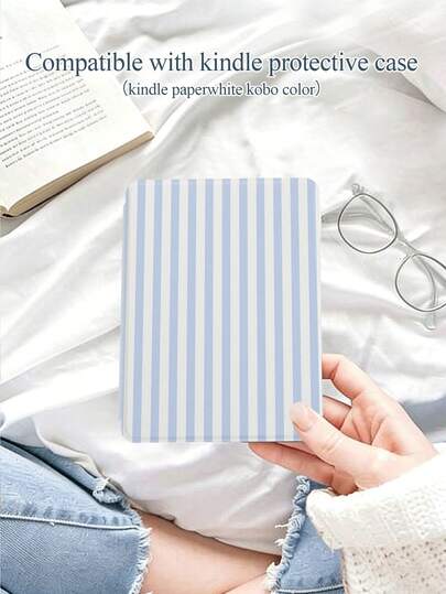 Fresh Blue & White Striped Print Protective Case, Suitable For Kindle NK 11/Kobo/Kindle Kids Edition/Kindle Paperwhite 5, Kindle 2024, Tablet Tri-Fold Stand Cover With Auto Wake/Sleep Function, Lightweight & Slim, Perfect Fit To Protect Your Reading Device, Gift For Kids/Family