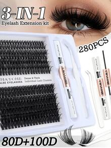 280pcs Soft Lash Clusters, 10-16mm D-Curl Mixed False Eyelash Clusters, DIY Eyelash Extension Kit Includes Lash Glue, Makeup Remover, Tweezers For Easy At-Home Application, Long-Lasting Eyelash Extension & Perming Set - White - View 4
