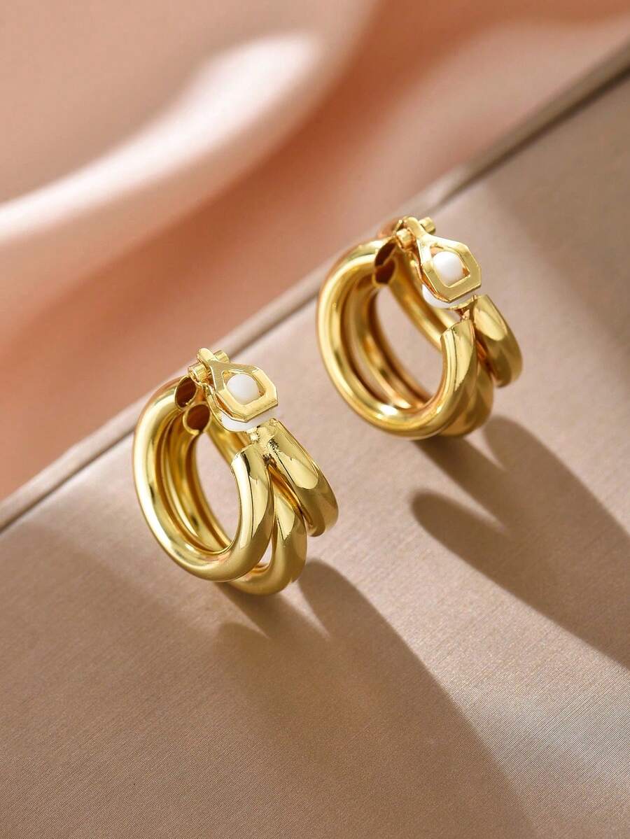 1 Đôi khuyên tai dạng kẹp nhiều lớp hình chữ C thời trang tối giản, thiết kế dạng kẹp, phù hợp để đeo hàng ngày. - Vàng - Xem 1