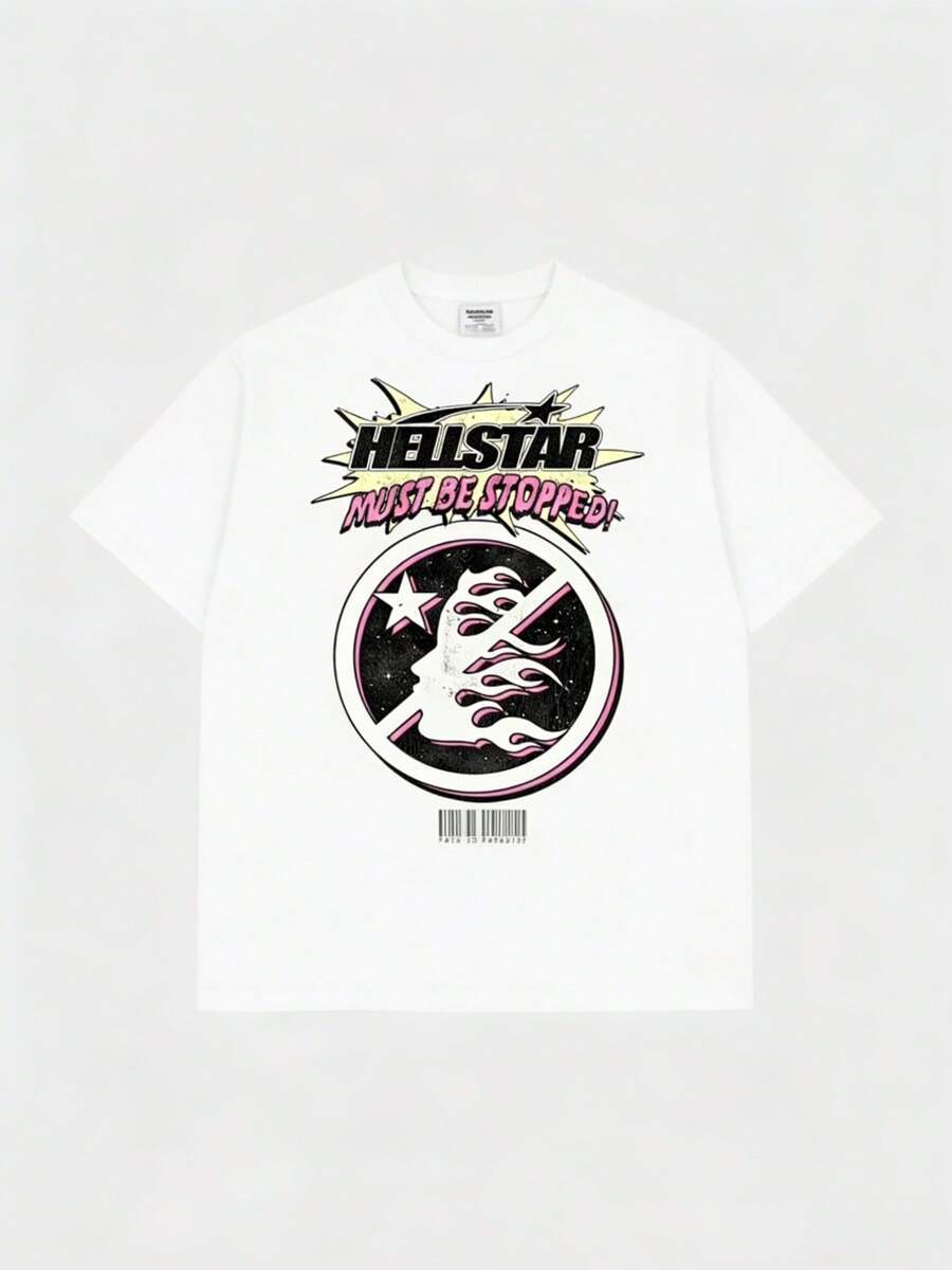 Hellstars Must Be Stopped! Retro Graphic T-Shirt,220g 100% Cotton,Round Neck Short Sleeve,White Streetwear Essential,Unisex Style - White - View 1