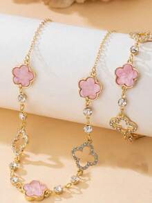 1 Set Lucky Rhinestone Clover Pink Pendant Necklace & Bracelet Set, Fashionable & Versatile For Women - Pink - View 3