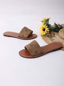 Women's Summer Beach Slippers, Casual Roman Style, Comfortable Low Heel With Embossed Design, Beach Key French Flat Sandals - Brown - View 8