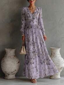 Vuslat 复古 V 领碎花长袖束腰连衣裙，乡村风格，适合春季郊游和度假，夏季连衣裙，外出，优雅连衣裙，女士度假装，休闲连衣裙，碎花连衣裙 - 紫色 - 查看 3
