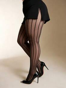 1 Pair Plus Size Black Fishnet Stockings With Vertical Striped Jacquard Pattern, Sexy Net Tights For Daily Wear - 6067+ Vertical Black Lines - View 2