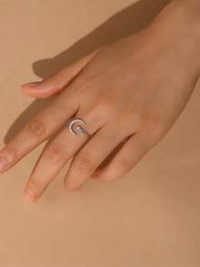 1枚星月图案纯银镶嵌莫桑尼钻石开口戒指，18K镀金，适合女性日常佩戴、派对、周年纪念、情人节、婚礼、新娘首饰 - 銀色 - 查看 2