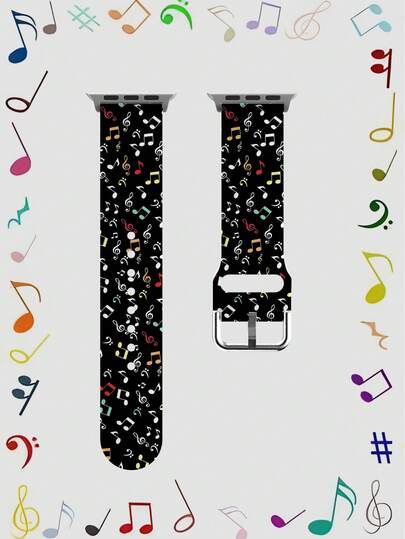 1条黑色背景彩色音符图案柔软弹性透气替换表带，适用于三星、荣耀智能手表，尺寸可选38mm、40mm、41mm、42mm、46mm、45mm、44mm、49mm，音符图案，节日礼物，日常休闲硅胶表带，兼容 Ultra SE/11/10/9/8/7/6/5/4/3/2/1