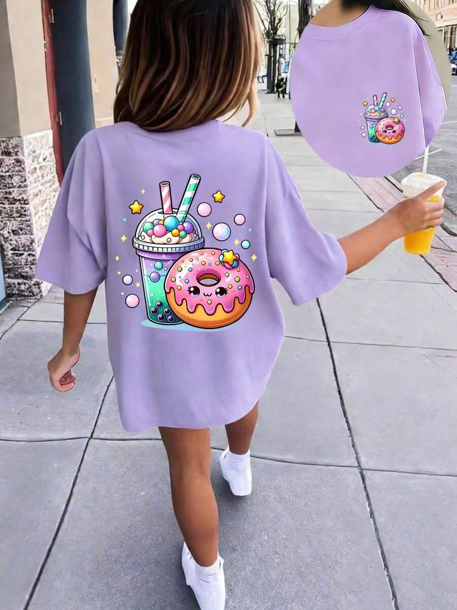 少女休闲趣味印花圆领短袖 T 恤,夏季上衣 - 紫色 - 查看 1