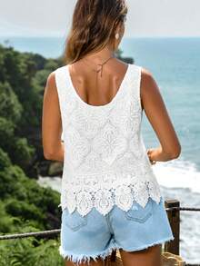 Women White Semi-Sheer Lace Scoop Neck Tank Top With Hollow Out And Eyelet Embroidery Regular Length Non-Stretch Fabric Casual Summer - White - View 4