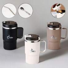 304不鏽鋼保溫咖啡杯 500ML，保溫保冷，內建茶濾器，附折疊湯匙與吸管，防漏杯蓋，適合辦公室，情人節、母親節、聖誕節禮物，優雅飲具，耐用水杯，咖啡吧配件 - 黑色+咖色+米色+銀色 - 查看 2