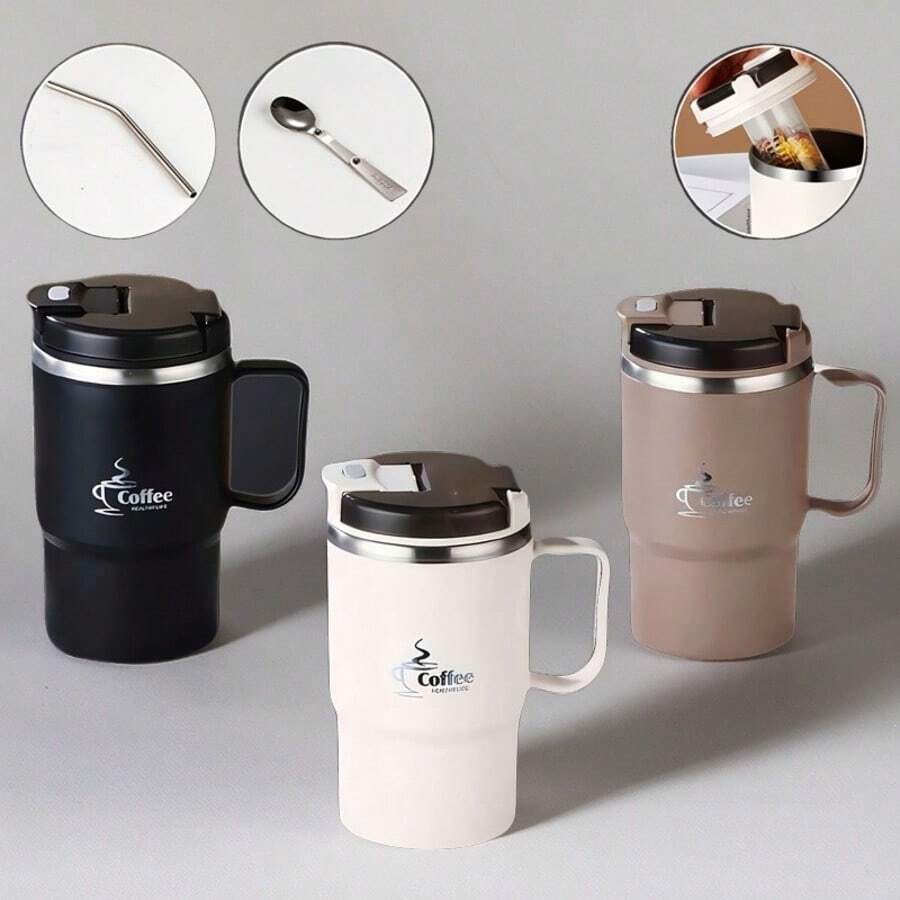 304不鏽鋼保溫咖啡杯 500ML，保溫保冷，內建茶濾器，附折疊湯匙與吸管，防漏杯蓋，適合辦公室，情人節、母親節、聖誕節禮物，優雅飲具，耐用水杯，咖啡吧配件