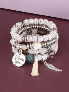 4 pièces Nouveaux bracelets bohèmes, bracelets à franges multicouches créatifs en perles, bijoux mode pour femmes - Gris - Voir 6