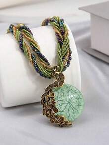 1pc Fashionable Peacock Pendant Necklace, Boho Style Tassel Retro Necklace With Beads For Women - Green - View 1