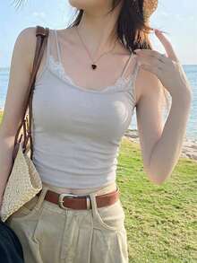 Women's Lace Patchwork Camisole, 2 In 1 Backless Top, Spring/Summer - Grey - View 5