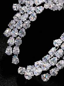 2件套欧美风立方氧化锆扇形耳环，奢华时尚新娘立方氧化锆耳环，女士结婚首饰 - 銀色 - 查看 3