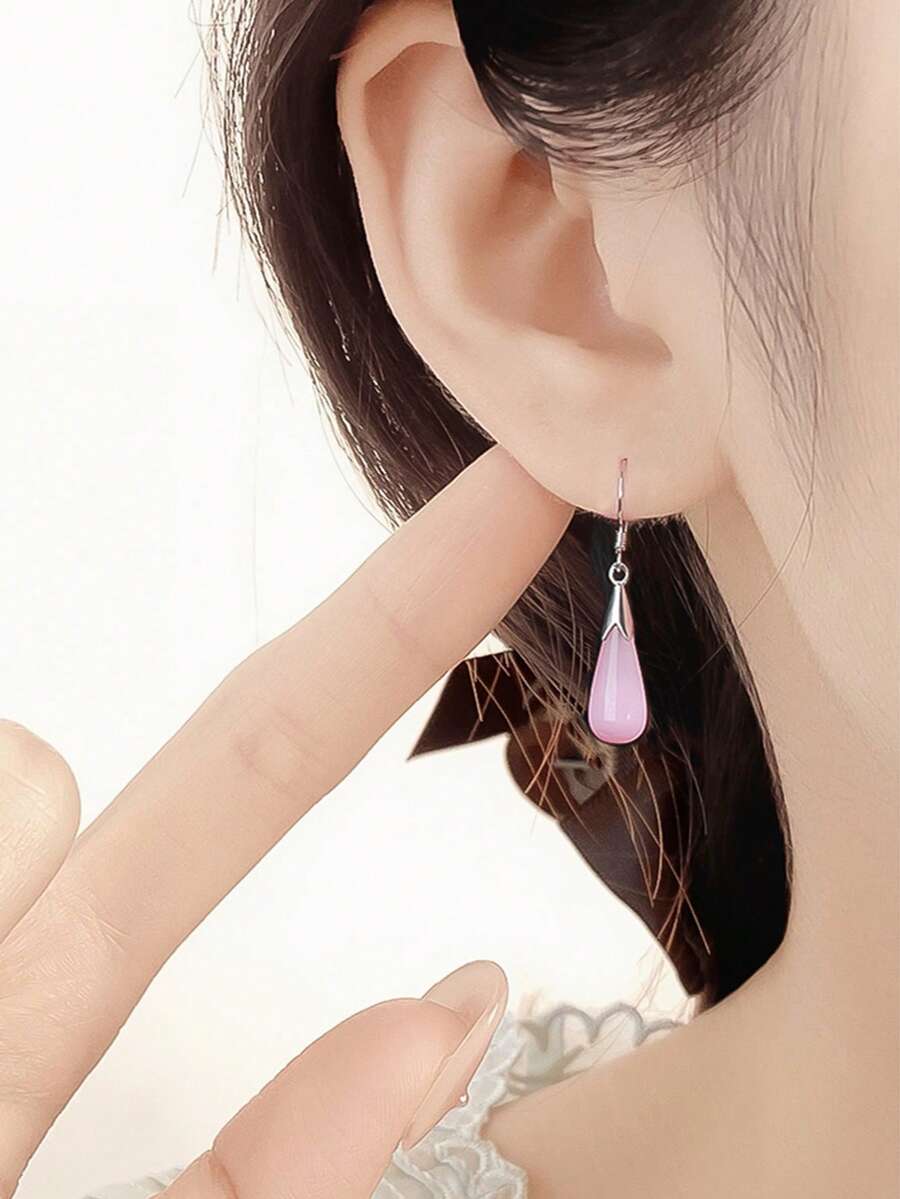Bông tai bạc 925 đính đá mắt mèo màu hồng tinh tế, trang sức xỏ tai không gây dị ứng dành cho nữ. - Hồng - Xem 1
