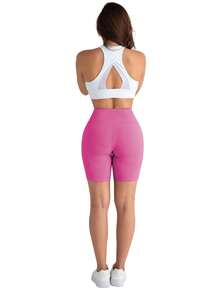 大码女士休闲紧身短裤，高腰显瘦瑜伽短裤，带口袋，春夏时尚运动骑行短裤 - 玫紅色 - 查看 5