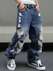 Mens Ripped Baggy Jeans Loose Fit Distressed Denim Pants Light Wash Y2K Streetwear Wide Leg Style - 深色水洗藍 - 查看 2