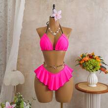 Glückliches Mädchen Damen sexy fuchsiafarbenes 2-teiliges Badeanzug-Set, bohemischer Strandurlaub, Rock mit Rüschensaum, modisches Bikini-Set für den Sommer - Rosa - Übersicht 6