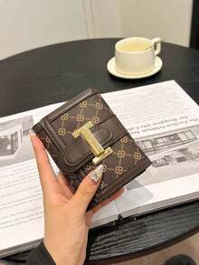 Women's Tri-Fold Flap Closure Short Black Floral Print Classic Multi-Card Holder Anti-Scan Bank/ID Card Vintage Style Compact Wallet - Nâu 4 - Xem 13