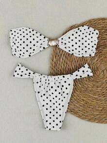Women's Summer New Arrival: European & American Style, Sexy, Casual, Brown & White Polka Dot, Strapless, Beach Vacation, Bikini Swimsuit - 白色 - 查看 3