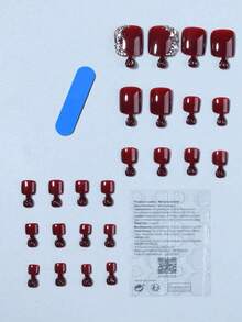 24pcs/Set Wine Red Square Press-On Nail Stickers With Rhinestone Design, Includes 1pc Gel Polish And 1pc Nail File, Suitable For Women And Girls Daily Manicure, Summer - Burgundy - View 2