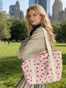 1个可爱草莓印花手提包，大容量单肩包，少女风手提包，上学/上班通勤包，春夏沙滩包，情人节/圣诞节礼物 - 淺粉色 - 查看 6