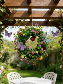 2 piezas Corona floral artificial colorida, decoración colgante rústica de primavera, acentos de mariposa realistas de alta calidad, decoración interior del hogar, regalo del Día de la Madre, suministros de jardinería - Multicolor - Ver 2