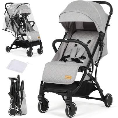 Lightweight Travel Stroller Compact Baby Pushchair With Adjustable Seat, Mosquito Net, Rain Cover, One-Hand Folding Buggy With 5-Point Harness For Toddlers From Birth To 15kg