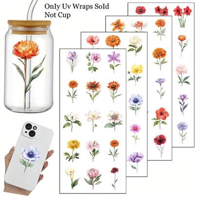 60pcs Flowers Stickers Rub-On UV DTF Transfer Stickers Compatible For Glass With Beautiful Wildflowers Sticker - Self-Adhesive DIY Crafts Pack Decals For Cups, Glass, Ceramic, Furniture - Single Use Plastic Quotes Suitable For Home Decor, Crafts
