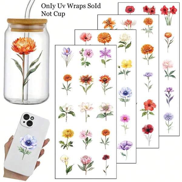 60 miếng dán hoa dán UV DTF tự dính, tương thích với thủy tinh, hình hoa dại tuyệt đẹp - Bộ decal tự dính dùng cho đồ thủ công DIY, thích hợp cho cốc, ly, gốm sứ, đồ nội thất - Nhãn dán nhựa dùng một lần, phù hợp cho trang trí nhà cửa, đồ thủ công.