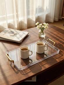 1pc Transparent Tray With Golden Dual Handles, Dessert Serving Tray, Afternoon Tea Tray - Clear - View 1