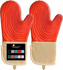 Manoplas de horno de silicona, de 34,5 cm, resistentes al calor, 500 F, guantes de horno con forro suave, buen agarre, sin BPA, fácil de limpiar, flexible, juego de utensilios para cocinar hornear, - Naranja - Ver 1