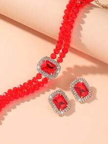 Bộ 3 món thời trang nữ đa năng gồm túi xách cầm tay, túi dự tiệc, túi đeo vai có dây xích, và bộ phụ kiện vòng cổ và bông tai đính đá. - Đỏ - Xem 5