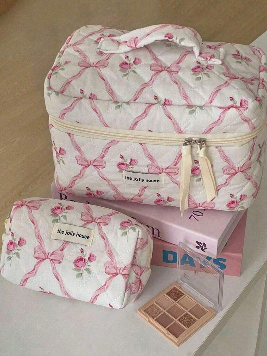3件套菱格纹蝴蝶结玫瑰图案化妆包，时尚便携化妆包，粉色化妆袋，多功能收纳包，大容量可爱洗漱包，旅行收纳包，迷你化妆刷收纳袋，印花洗漱包，适用于口红、化妆刷、护肤品、手机、零钱、小物件，居家、送礼、节日、万圣节、圣诞节等场合适用。