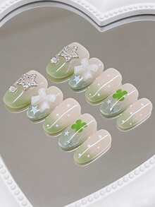 10pcs Handmade Short Oval Nail Stickers, Ombre French Manicure, Green Nails, Cat Eye Nails, Cute Nails, St. Patrick's Day Theme Medium Oval Nail Stickers, Lucky Nail Art, Cute Polka Dot Nails, Decorated With Rhinestone Pentagram, White Bow And Lucky Clover, Suitable For Ladies And Girls, Holiday & Spring Nail Supplies, DIY Nail Supplies, Press-On Nails, Acrylic Press-On Nails, Nail Supplies - Green - View 4