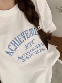 Camiseta de mujer con cuello redondo, manga corta, y bordado con letras, de corte holgado y estilo veraniego - Blanco - Ver 8