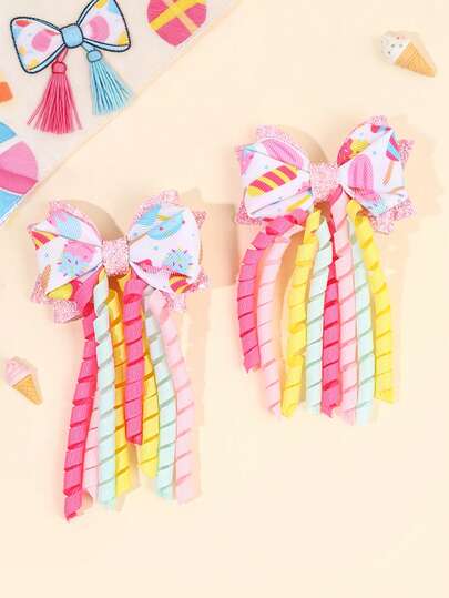 2pcs Colorful Ice Cream Hair Bows For Girls Pastel Curl Tassel Alligator Clips Cartoon Adorable Hair Clips Summer Barrettes Cute Sweet Daily Hairpins Teens Hair Accessories
