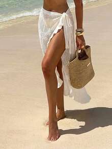 Women's Elegant Hollow-Out Sexy Sheer Wrap Design Cover-Up & Mini Skirt Set, Spring/Summer - White - View 3